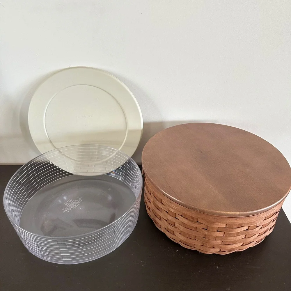 Longaberger Round Woven Basket Wood Lid Salad Bowl & Lid 40454 Entertaining